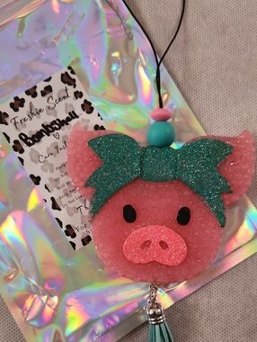 Pink Glitter Pig Freshie with Teal Bow